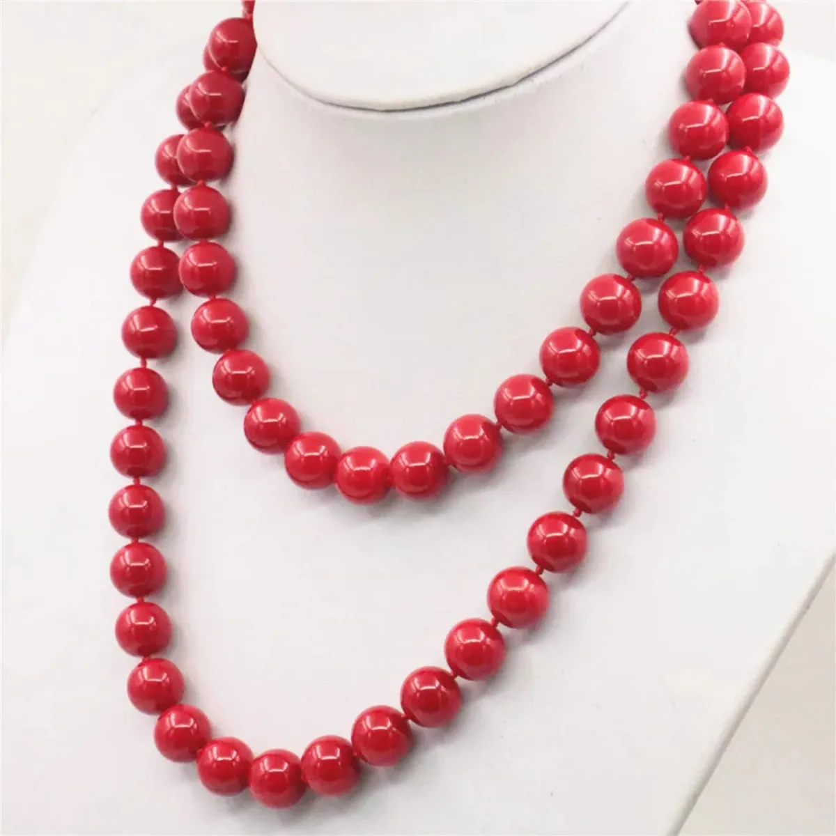 10 12mm Round Coral Red Shell Pearl Beads Necklace Ball DIY Girl Women Gifts Female Hand Made Ornaments Accessory Jewelry 36inch