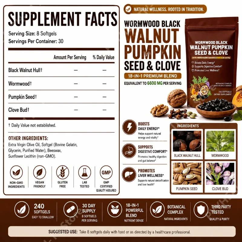 Wormwood Black Walnut Clove Softgels 18-in-1 Pumpkin Seed Blend Digestive Support for Adults 240 Softgels