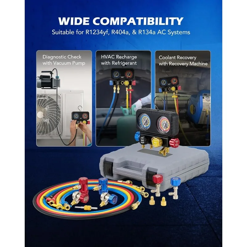 مجموعة قياس التيار المتردد R1234yf، 4 أطراف مقاييس التيار المتردد مع خراطيم R1234yf R134a قارنات التوصيل السريعة ذاتية الختم يمكن الاستفصال لشحن الفريون #4