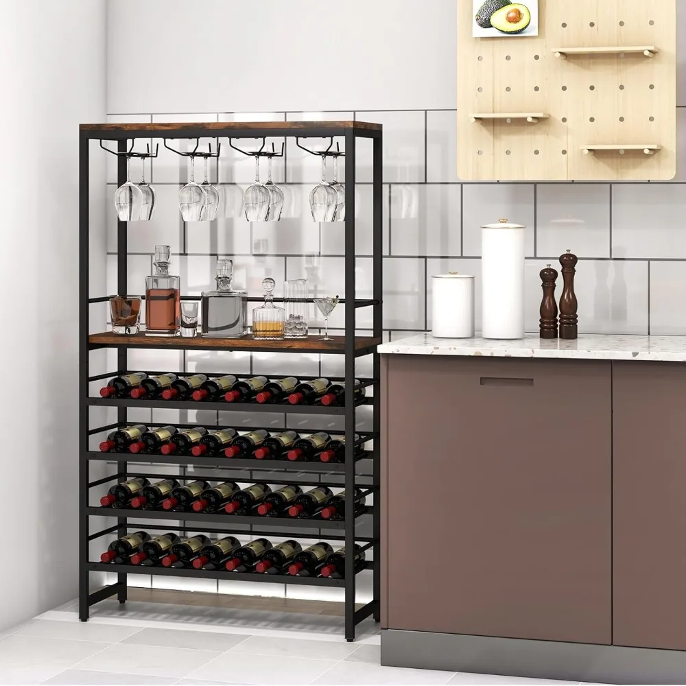 Multi-tier Wine Rack for 32 Bottles and 16 Glasses, Storage and Stemware Holder, Functional Wine Display Stand