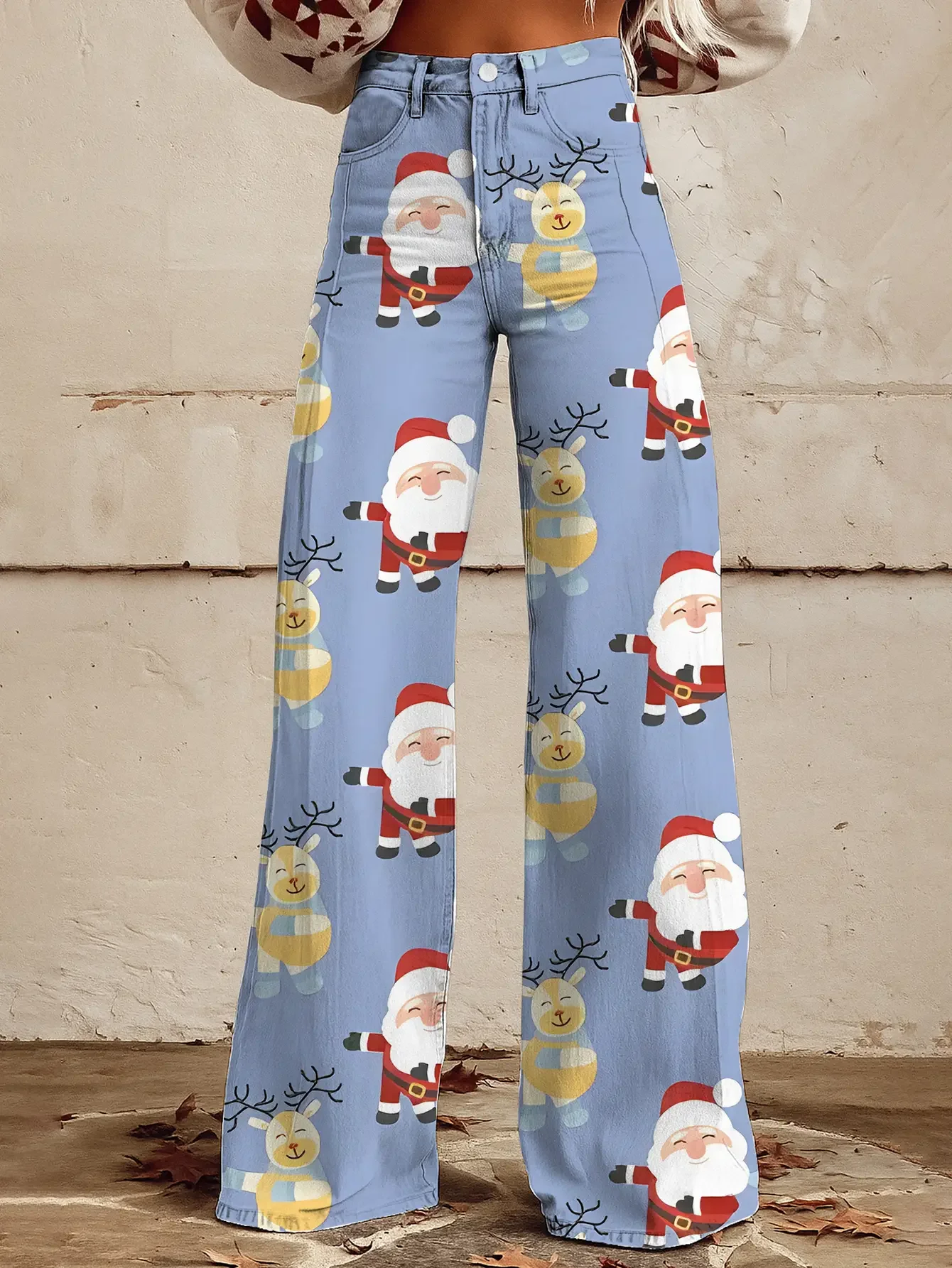 Ladies' new  printed jeans with imitation denim fabric, casual and Tetris retro pattern