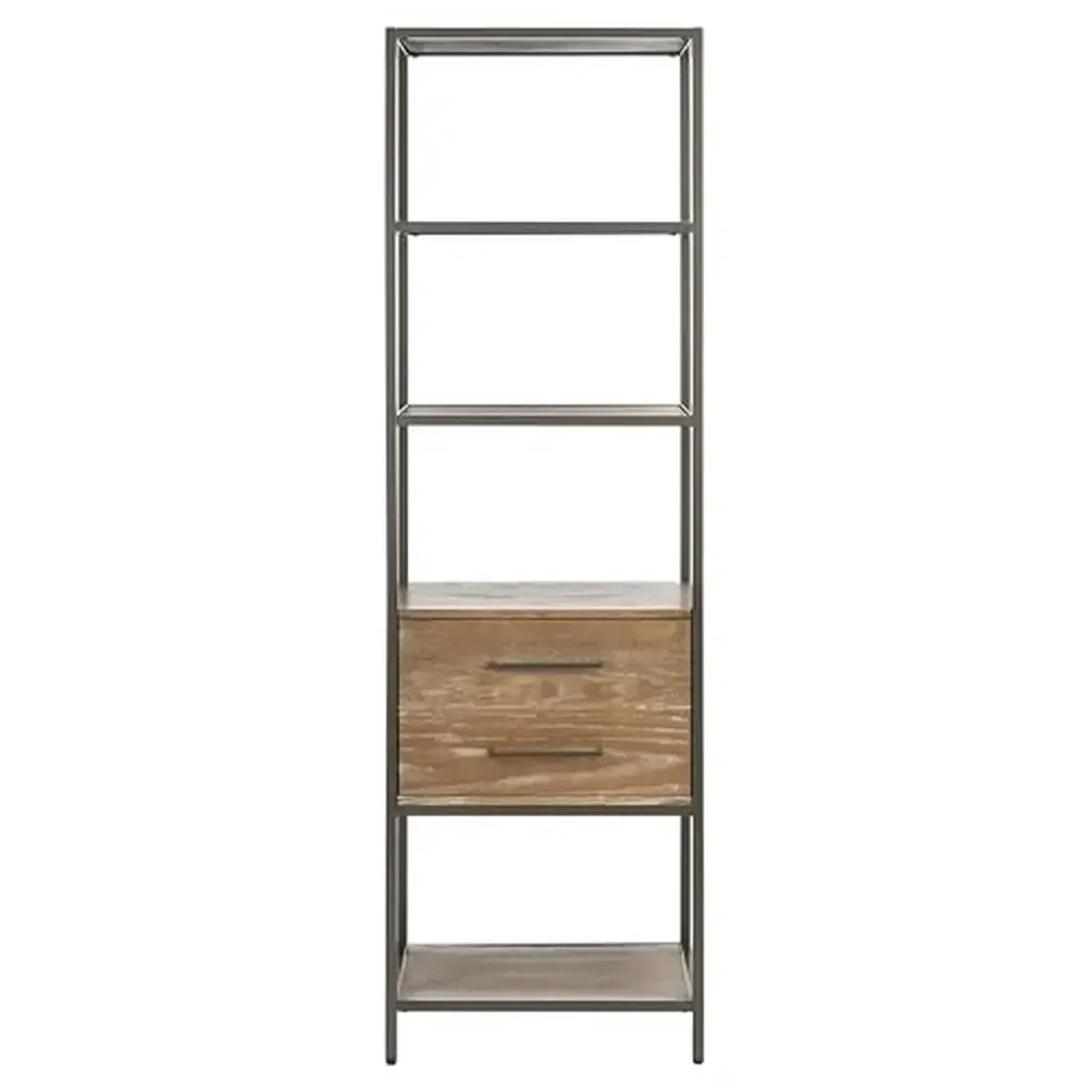 Rustic Oak/Gunmetal 5-Shelf 1-Drawer Etagere Bookcase Home Storage & Display Designer Chic Ample Space Easy Assembly Trusted