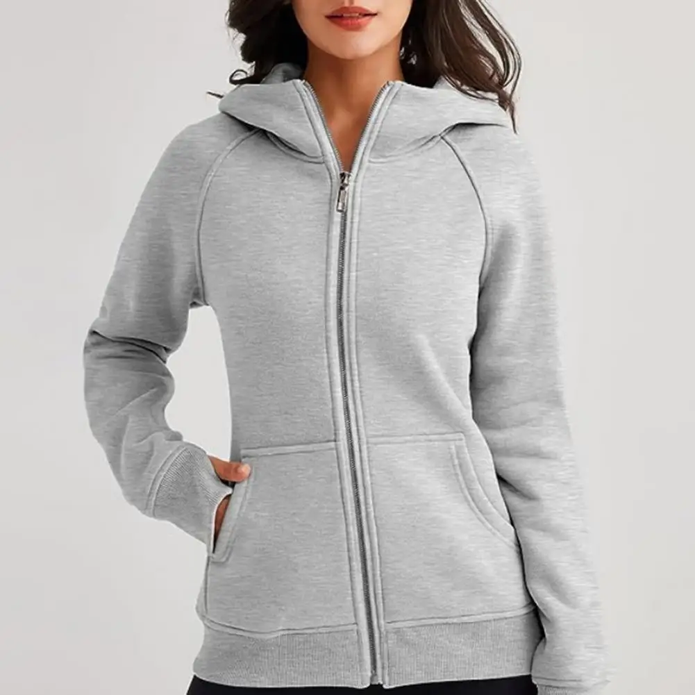 Women's Hoodie Jacket Fleece-lined Solid Color Zipper Pocket Elastic Cuffs And Hem Long Sleeve Cardigan Casual Everyday Coat