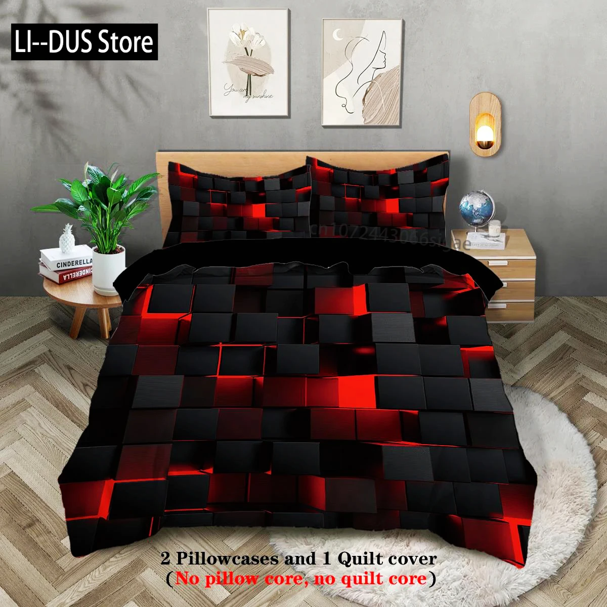 

3pcs Red Transparent Grid Visual Effects Bedding set, Suitable For Teenagers And Adult bedroom,1*duvet cover+2*pillowcase