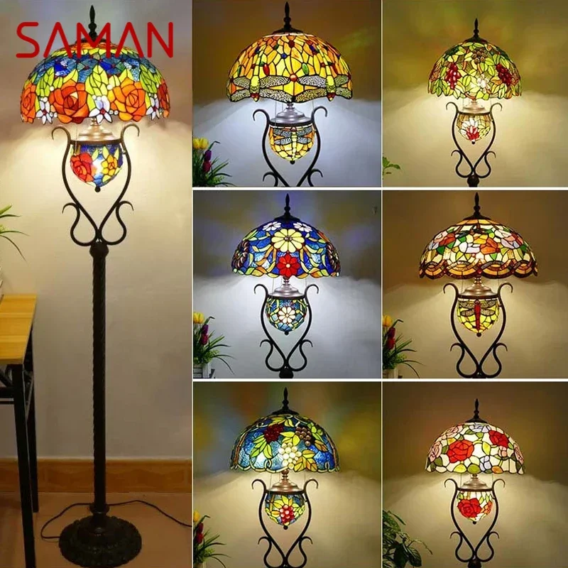 

SAMAN Tiffany Floor Lamp American Retro Living Room Bedroom Lamp Country Stained Glass Floor Lamp