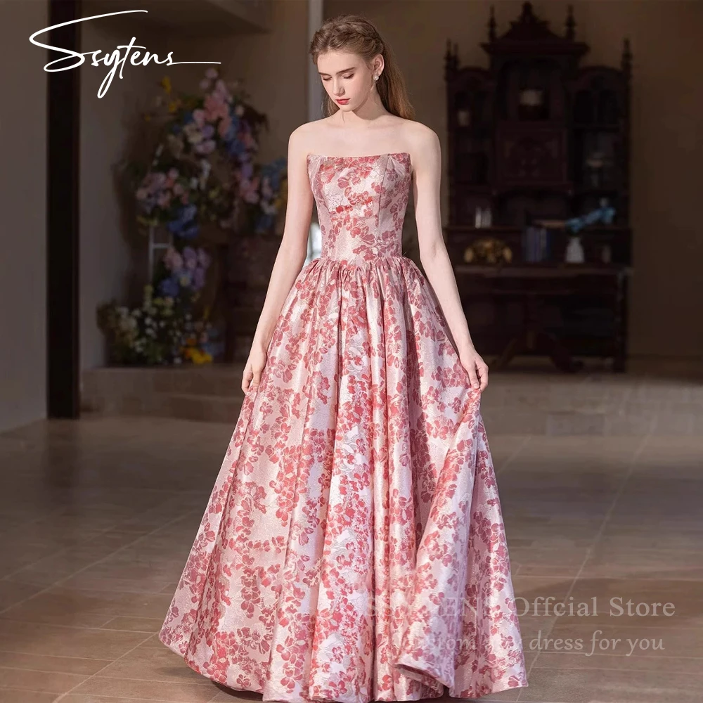 

SSYTENS Princess Pink Evening Dresses Lace Up Back Flower Print Plus Size Wedding Prom Party Dresses Vestido De Noiva Customized