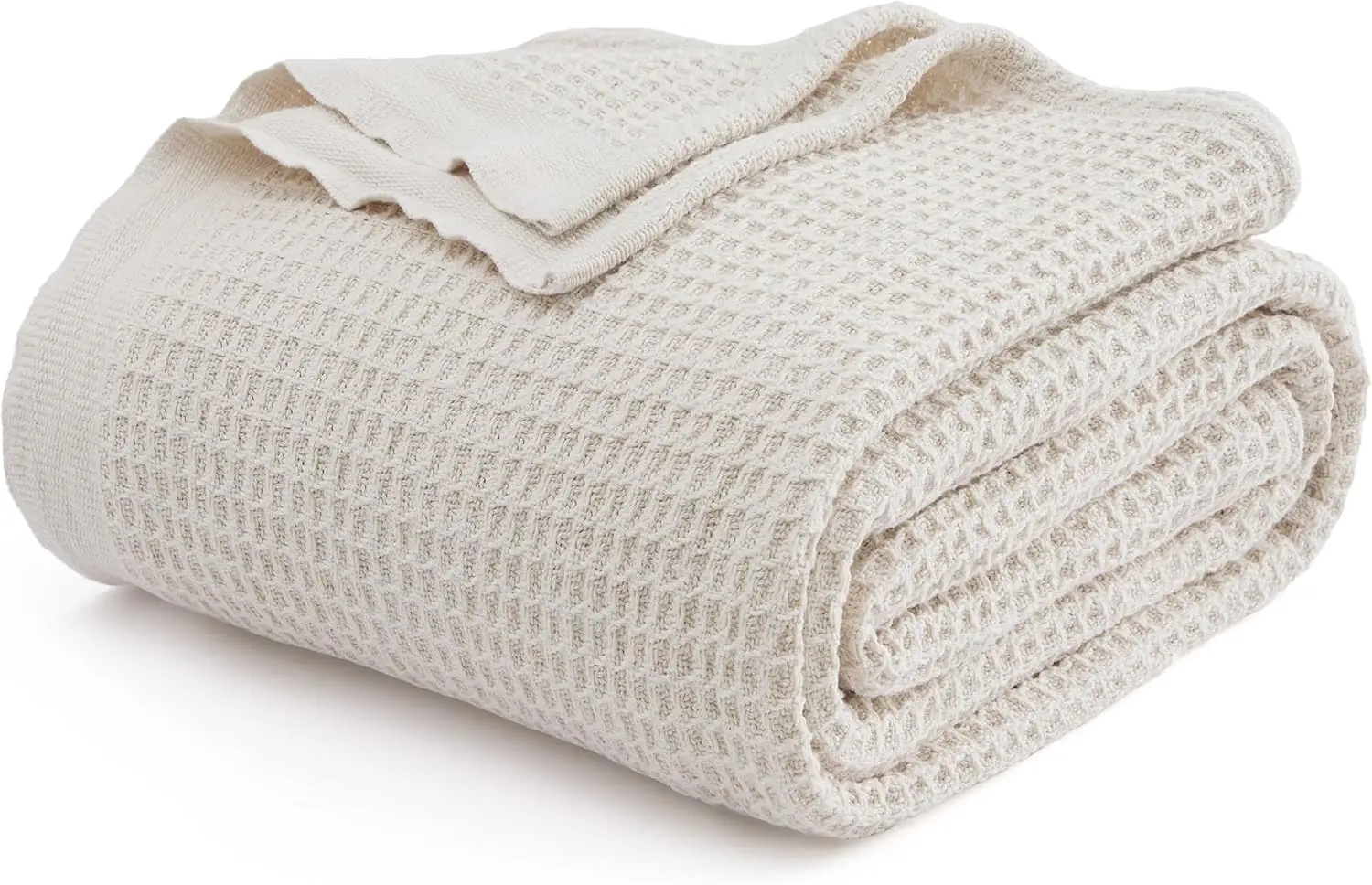 100% Cotton Blanket Queen Size For Bed - Breathable And Soft, Waffle Weave Blanket For Summer Spring, Light Beige, 90X90 Inches