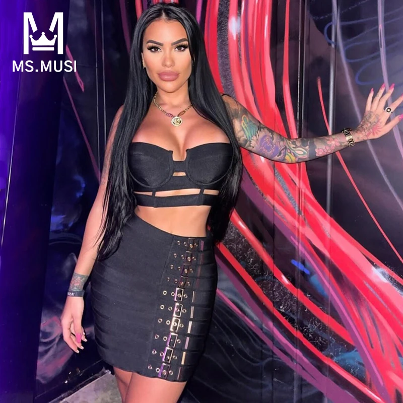 

MSMUSI 2024 New Fashion Women Sexy Hollow Out Bandage Two Piece Set Bodycon Party Strap Sleeveless Top Short Mini Skirt Set Suit