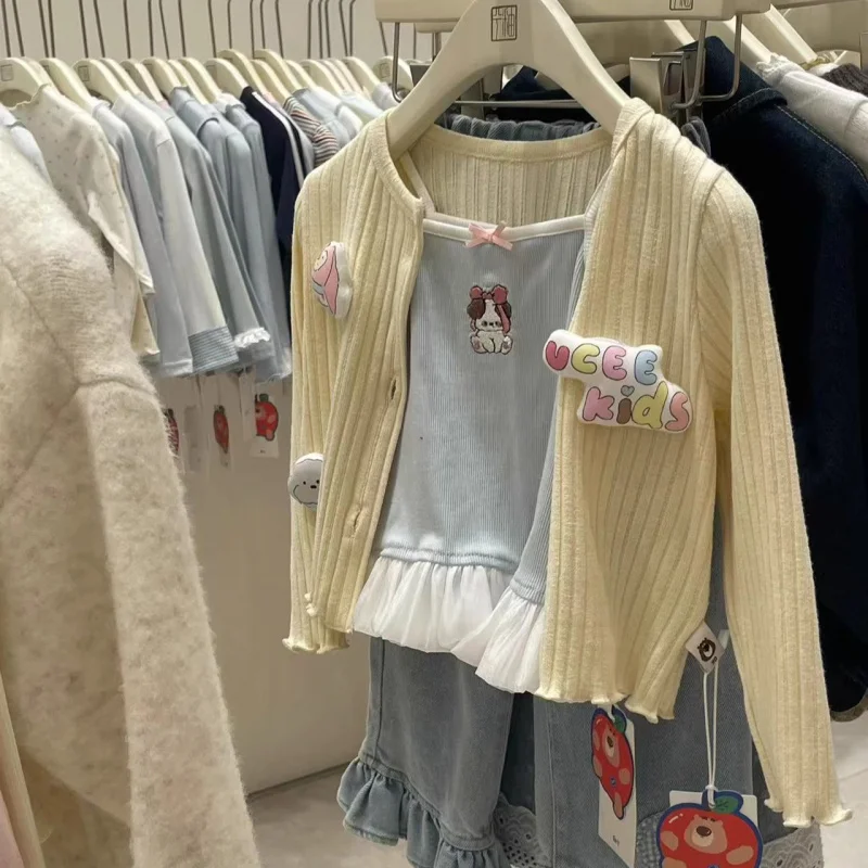 

01-2025Spring New Product 3D Small Cake Knitted Cotton Cardigan Lace Puppy Strap Set Separate Purchasefufu