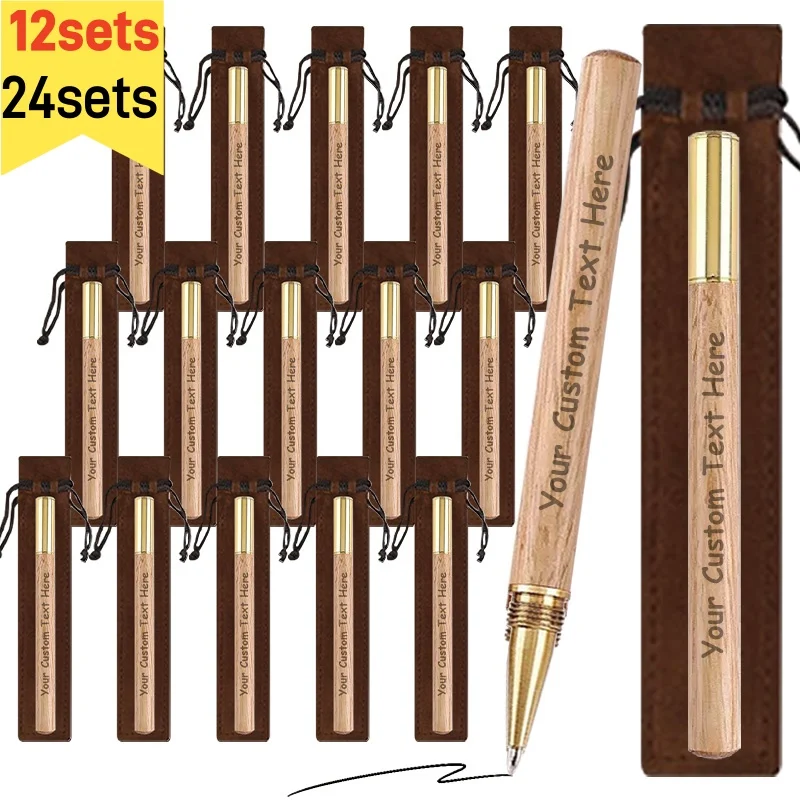 12/24PCS Customizable Engraved Metal Sandalwood Ballpoint Pens Set for Corporate Gifts And Weddings Pens with Brown Gift Bags