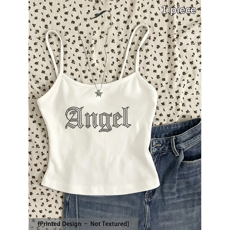 Angel Water-Drop Effect Printed Halter-Neck Tank Top for Women - Y2K Short Style with Thin Shoulder Straps