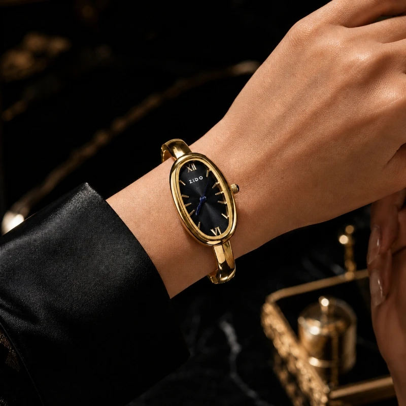 

Elegant Gold Ladies Cuff Watch Black Oval Dial Blue Hands Minimalist Women's Quartz Wristwatch Fashion Dress Female Clock Gift