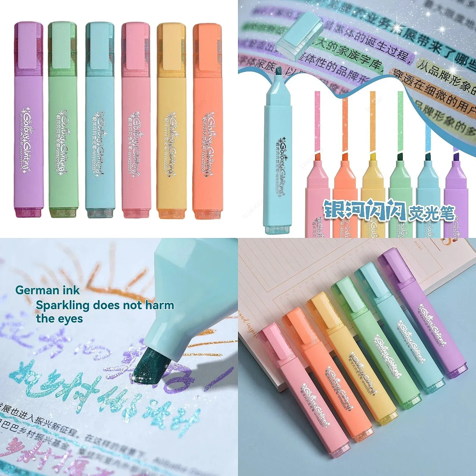 6 Colors/Box Fine Glitter Highlighter Pen Set, Fluorescent Markers, Cute Kawaii Japanese Stationery Art Pens for School