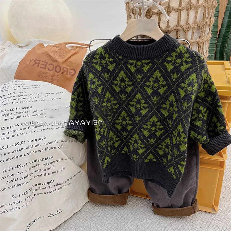 

Boys Woolen Sweater Crochet Cotton Windbreak 2023 Lasted Plus Thicken Autumn Winter Outwear Warm Children's Clothing