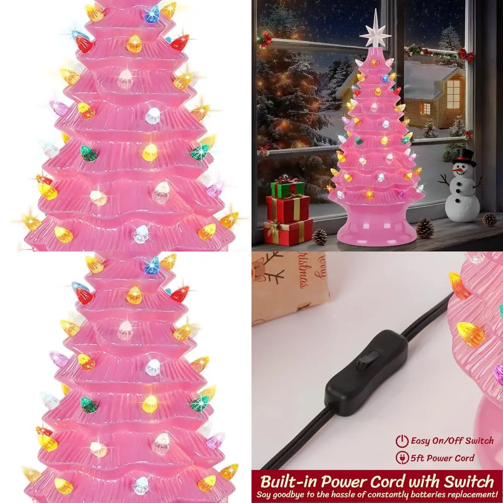 

Hand-Painted Resin Christmas Tree, 16.5 Tabletop Pre-lit with Multicolor LED Lights, Pink Ceramic-Like Finish