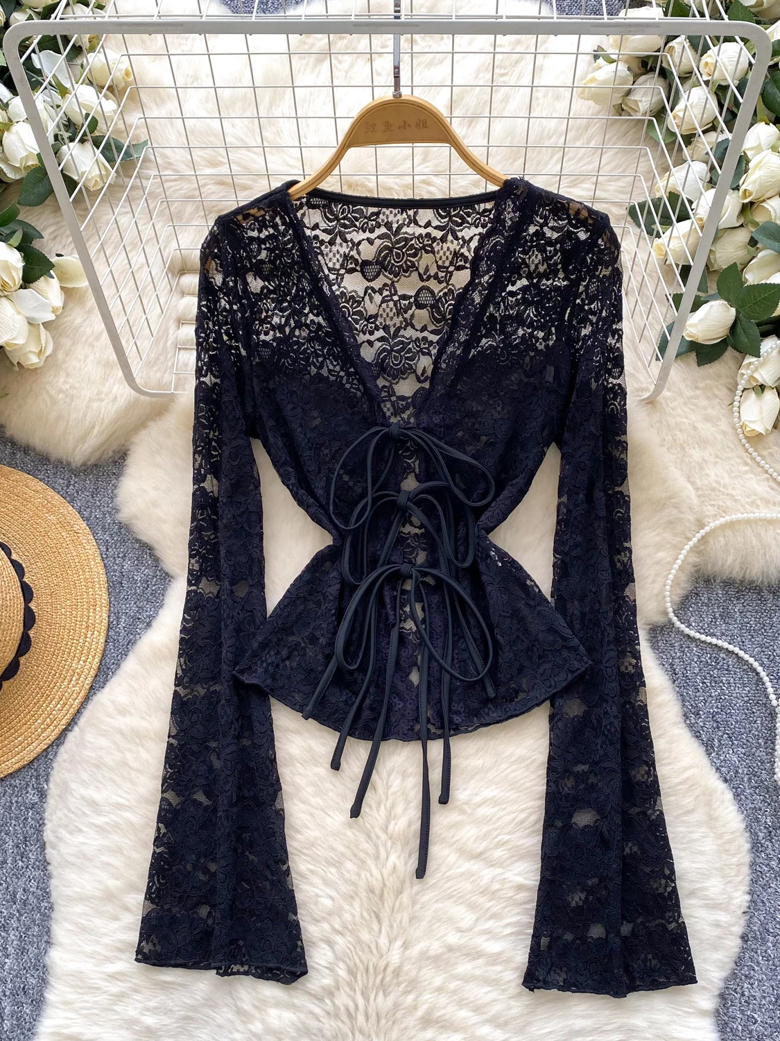 Women Black Gothic Lace Shirts Flare Sleeve Hollow Blouses Vintage Elegant 2000s Lace-up Long Sleeve Shirt Clothes Spring Autumn