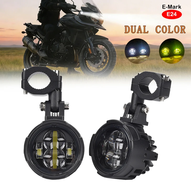 

Dual Color Motorcycle LED Fog Lights E-Mark Approved Auxiliary Spotlights With Wiring Harness & Switch For BMW Honda Yamaha