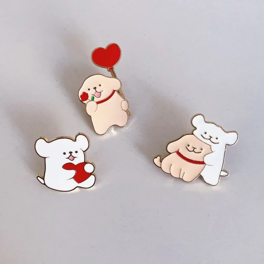 Korean Cute Cartoon Line Puppy Pin Cartoon Badges Dog Brooch Cute Brown White Animal Pins Men Women Denim Jackets Collar Gifts