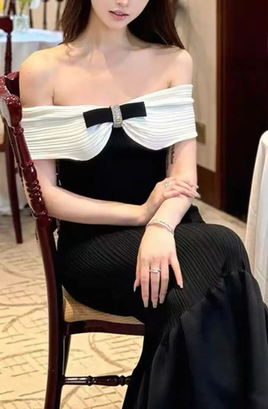

Black Bow One Shoulder Knitted Mermaid Dress Women 2024 Autumn New Collection Elegant Slim Long Dresses 5240251