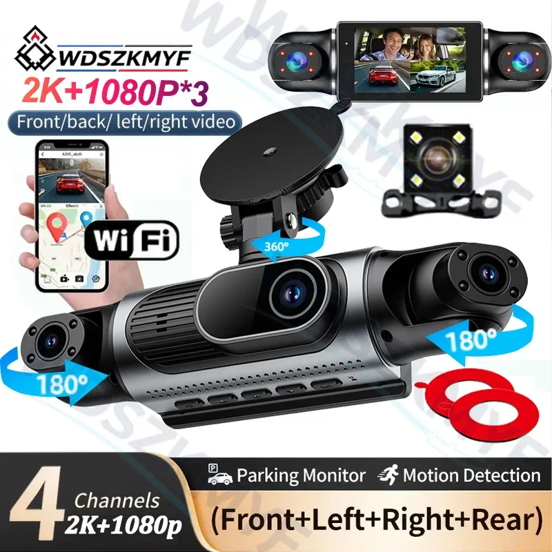 4Lens 360° Dash Cam 2K 1080P Video Recorder Car DVR Recording Camera Front Left Right Rear View Auto 3CH 4Ch DashCam 24H Parking