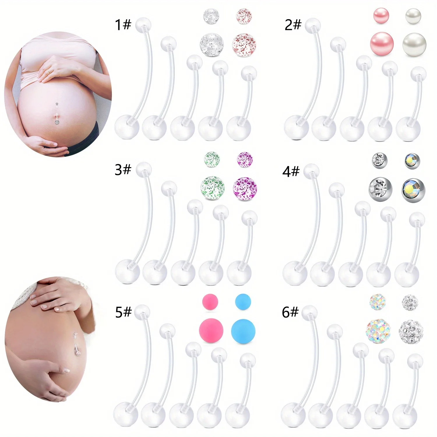Flexible Clear Navel Rings ,Maternity Belly Piercing Jewelry Set with Synthetic Cubic Zirconia Balls, Plastic Belly Button Rings