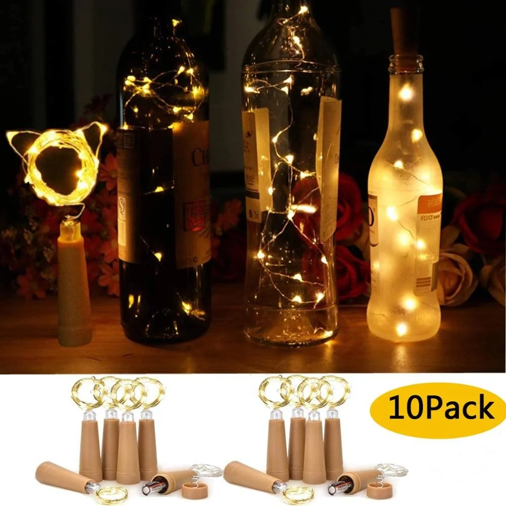 LED Cork Wine Bottle Fairy Lights com bateria AAA, Copper Wire String Lights, Decoração de Natal, Lâmpada para festa de casamento, 10X