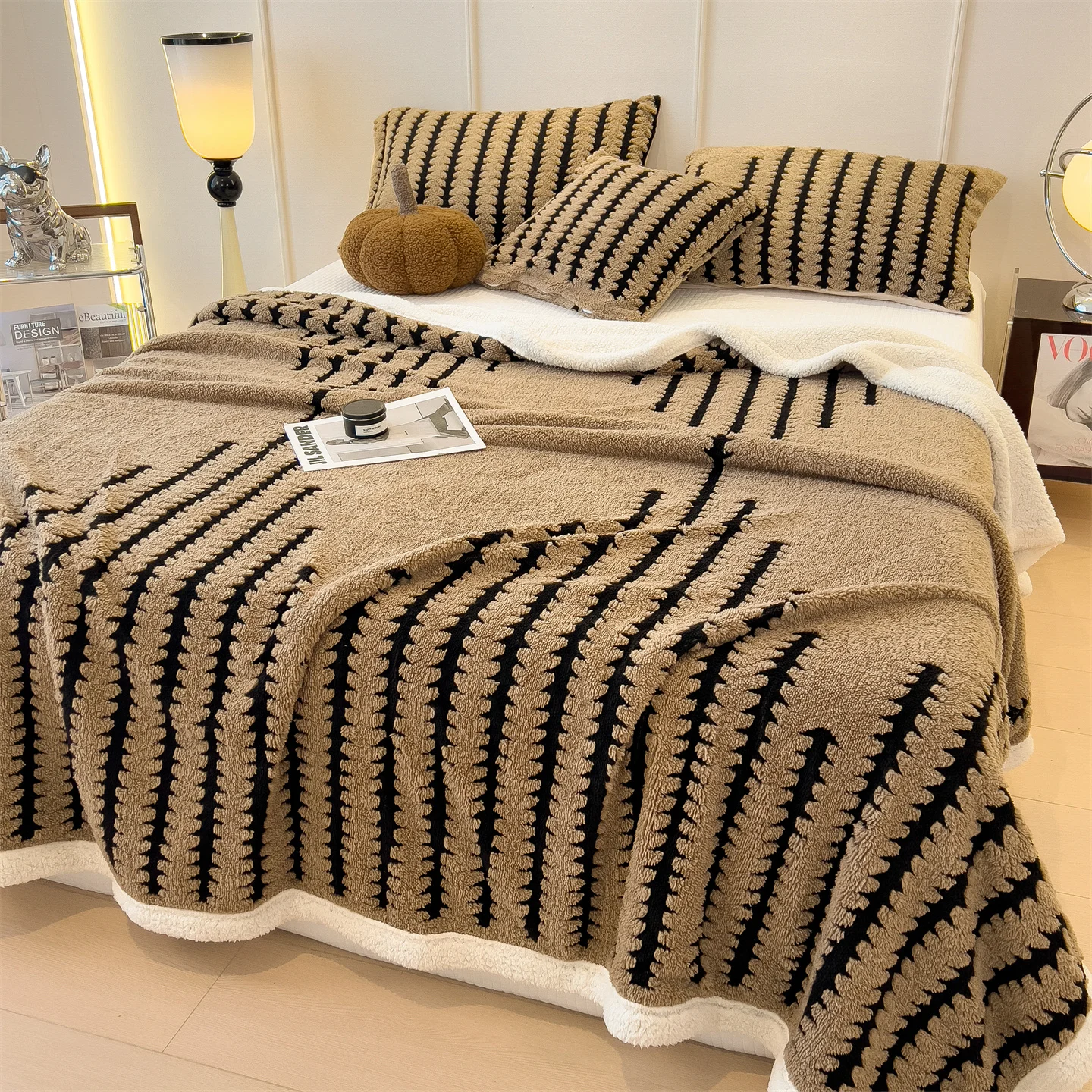 Double Layer Fleece Warm Winter Blanket Striped Thick Plush Blanket for Single Double Bed Multipurpose Sofa Throw Blanket Autumn