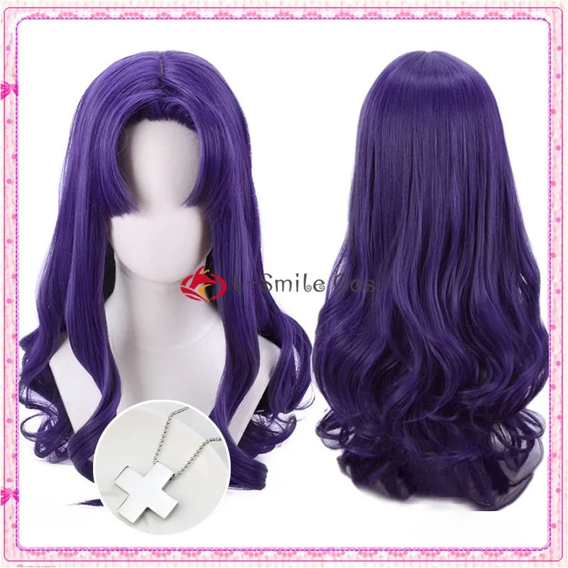 Anime Eva Cosplay Pruik 55Cm Paars Krullend Katsuragi Misato Katsuragi Cosplay Pruik Hittebestendigheid Synthetisch Haar Partij Pruiken Pruik Pruik