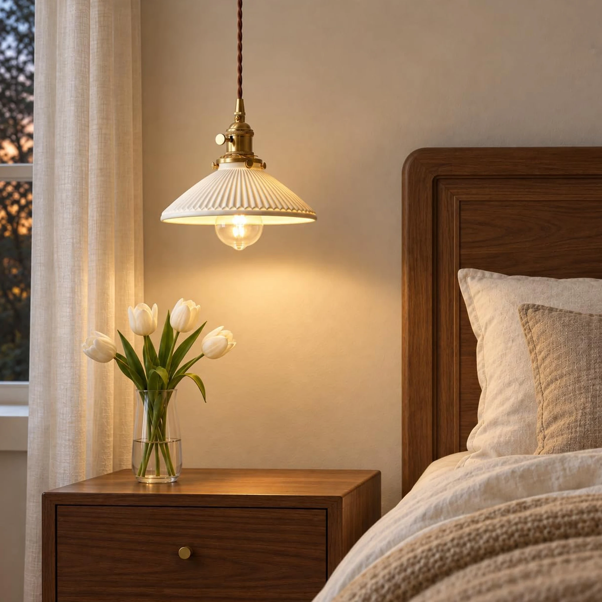 Ceramic Pendant Lamp Vintage White Shell Skirt Hanging Lamp Dining Room Bedroom Bedside Kitchen Cafe Pendant Light Decor