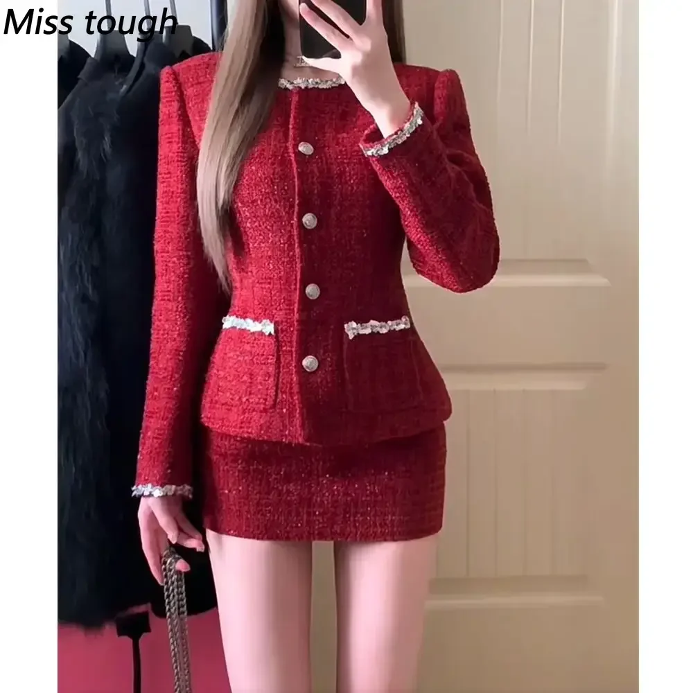 Two Piece Set Women Red Tweed Suit Set with Blazer and Skirt Lace Detail and Buttons Chic Fashion Set for Casual Formal Events