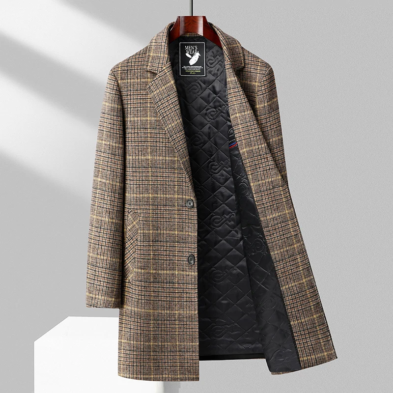 Casual 2024 Winter Men's Mid-Length Plaid Woolen Coats Outwear Warm Checkered Overcoat Classic Thicken Wool Jackets Windbreaker