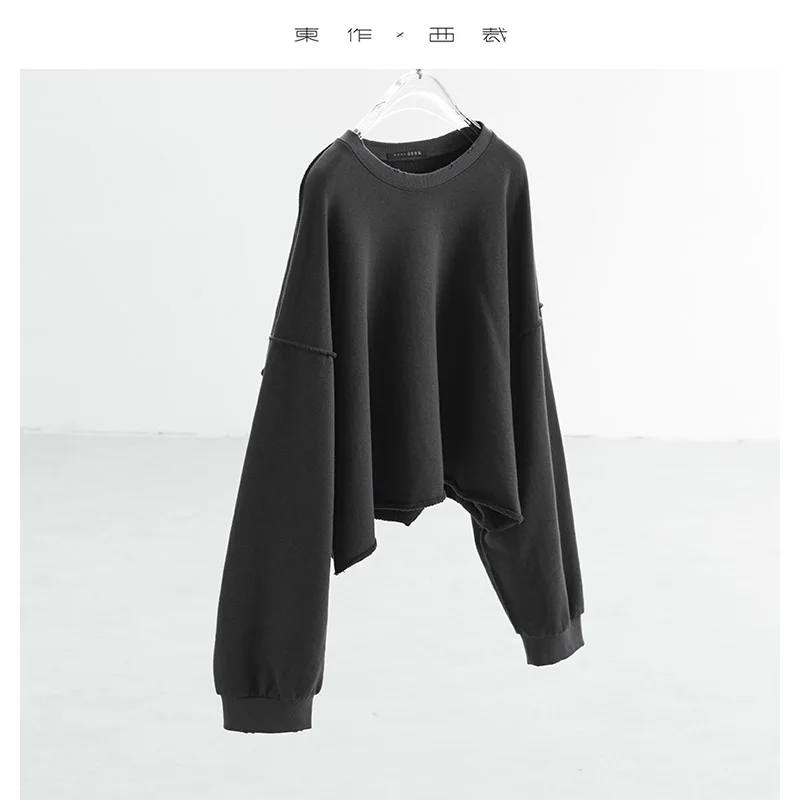 디스트레스드 & 워른 아웃 스타일 ~ 드롭 숄더 슬리브, 라운드 넥 스웨트셔츠, 아메리칸 스타일 긴팔 프레이드 헴 숏 디자이너 탑 여성용, 2025 가을 및 겨울 신상품