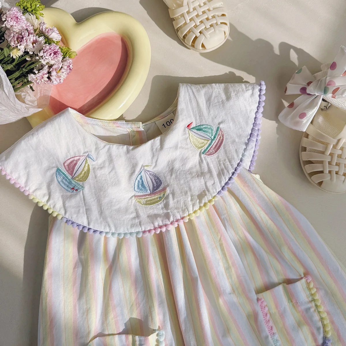 Girls' Dress 2025 Summer New Colorful Sailboat Embroidery Navy Style Striped Sleeveless Campus Style Children's Dress