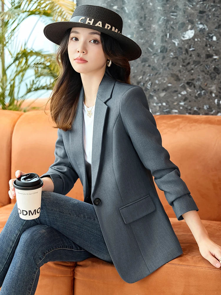 Gray Suit Jacket Women's Slim Fit Long Sleeve Commute Interview Elegant Style Casual Fashion Outerwear Spring Autumn New Arrival