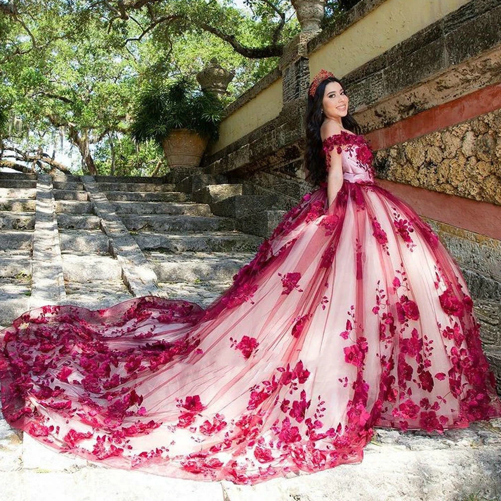 ANGELSBRIDEP Red Pearls Flowers Lace Quinceanera Dress Vestidos De XV Años Off Shoulder Corset Pageant Sweet 15 Party customized