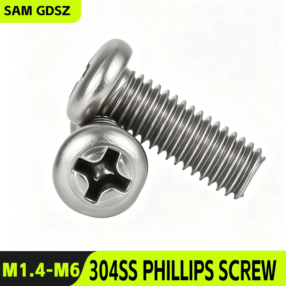 10-100Pcs 304 Stainless Steel Phillips Screw Round Pan Head Cross Metric Threaded Metal Machine Computer Bolts Screws M1.4-M6