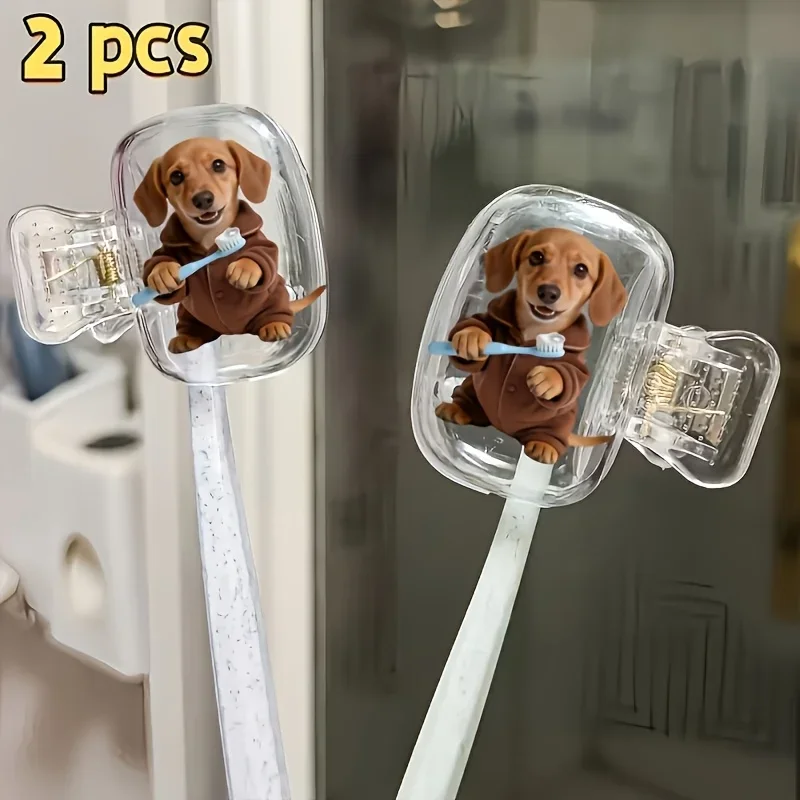 2pcs Dachshund Holding a Toothbrush Portable Toothbrush Storage Case Useful in Household Keep Personal Oral Care Holiday Gift