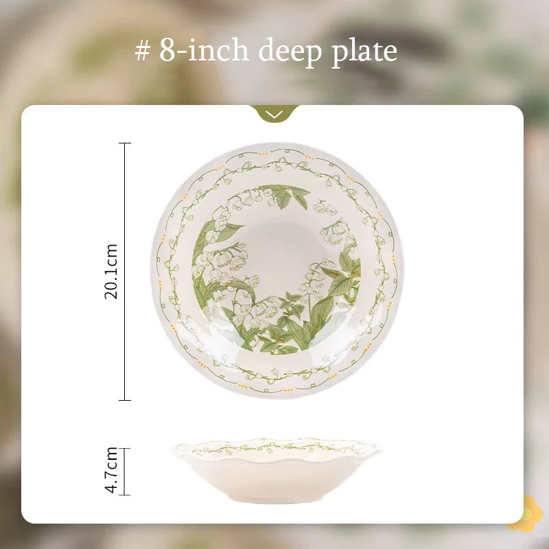 Modern INS Style High-End Porcelain Floral Pattern Single Piece Portable Light Luxury Green Fruit Rice Bowl Plate Set Party
