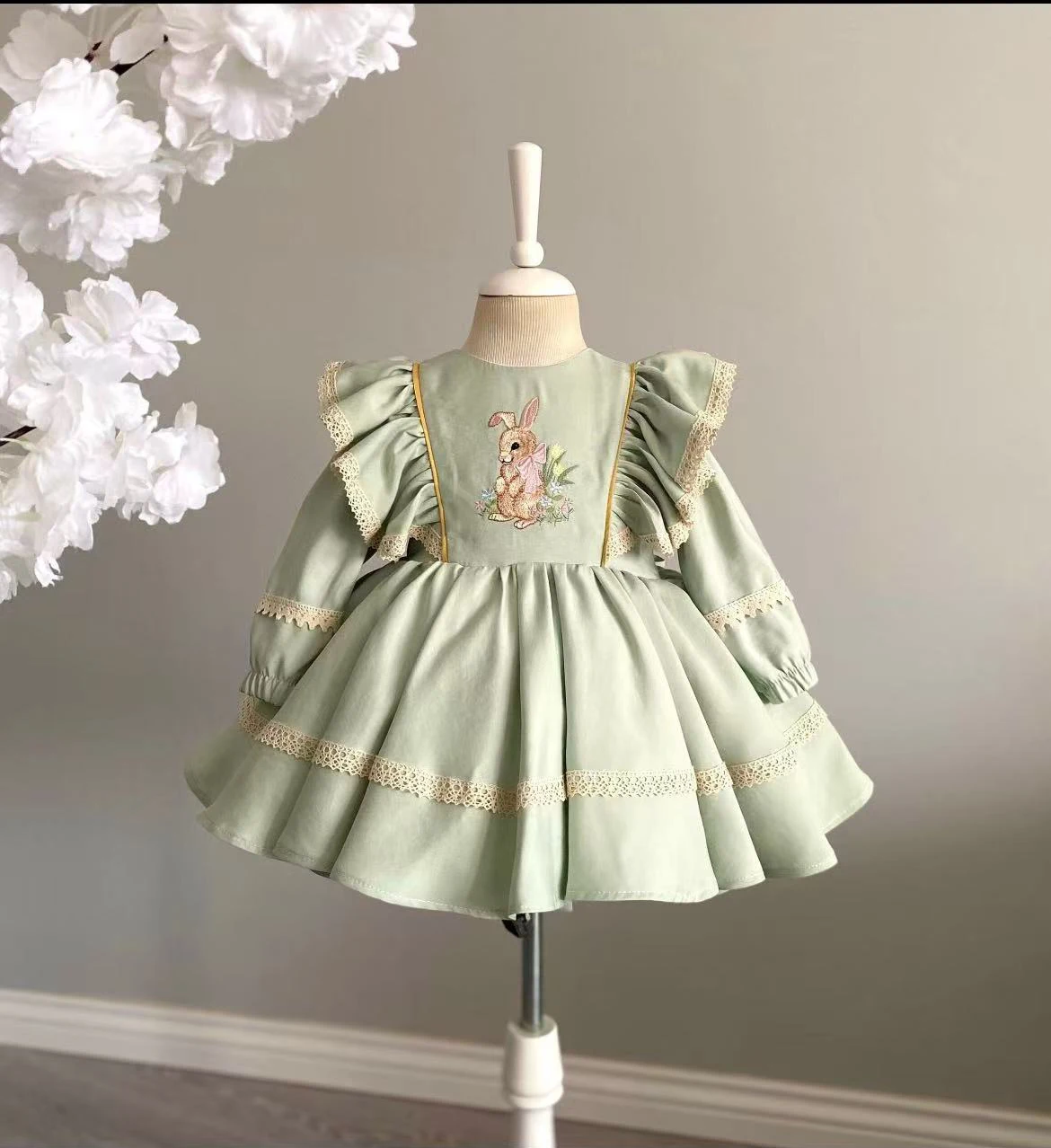 Baby Girl Spring Summer Rabbit Embroidery Vintage Turkish Princess Ball Gown Green Dress for Eid Birthday Easter Photography