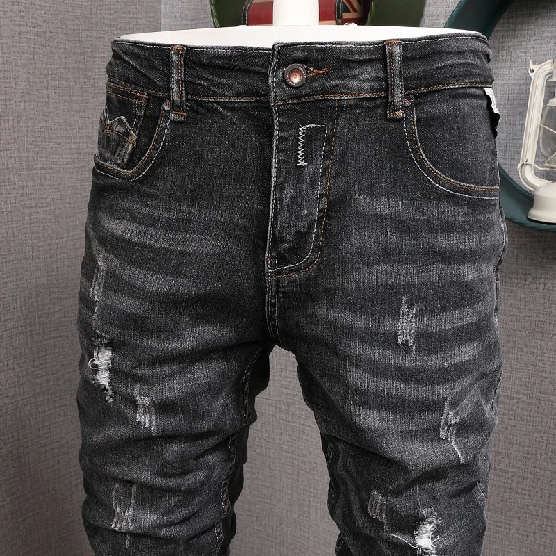 Italian Style Fashion Men Jeans High Quality Retro Black Gray Elastic Slim Fit Ripped Jeans Men Vintage Designer Denim Pants