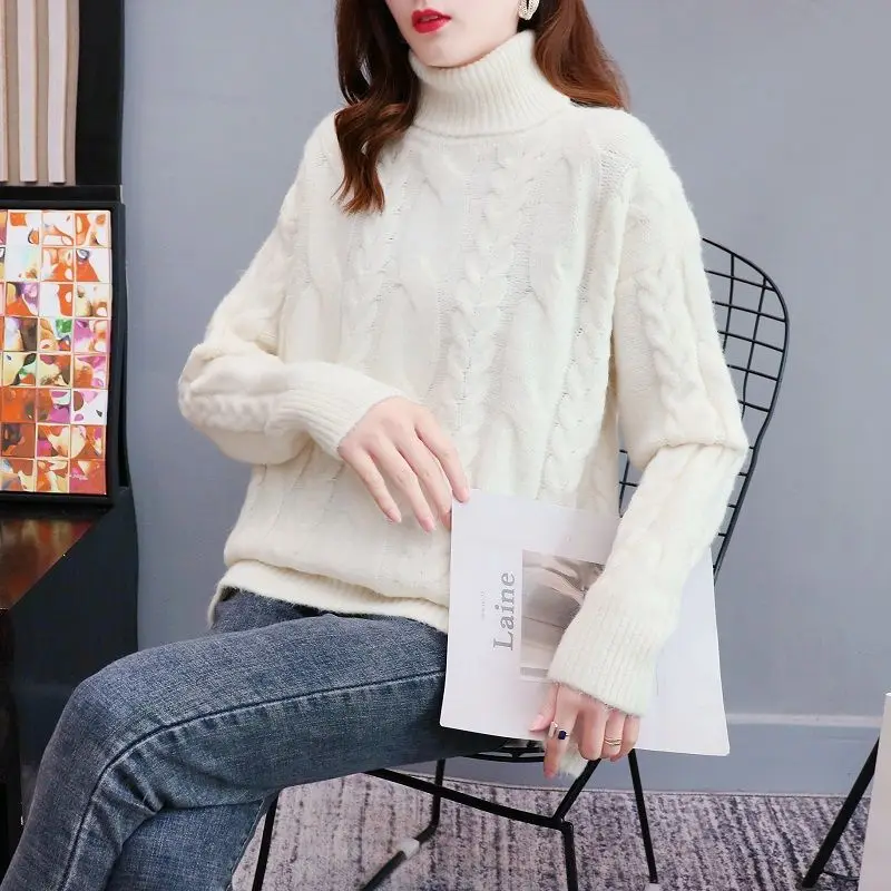 Vintage Autumn Winter Fried Dough Twist Knitting Sweaters Women New High-quality Long Sleeve Plush and Thicken Turtleneck Top