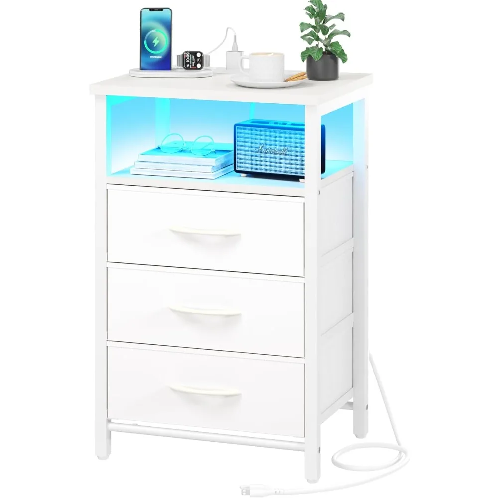 

Night Stand with Charging Station, 16 Colors LED Nightstand with USB Ports and Outlets, End Table with 3/4 Fabric Drawers.