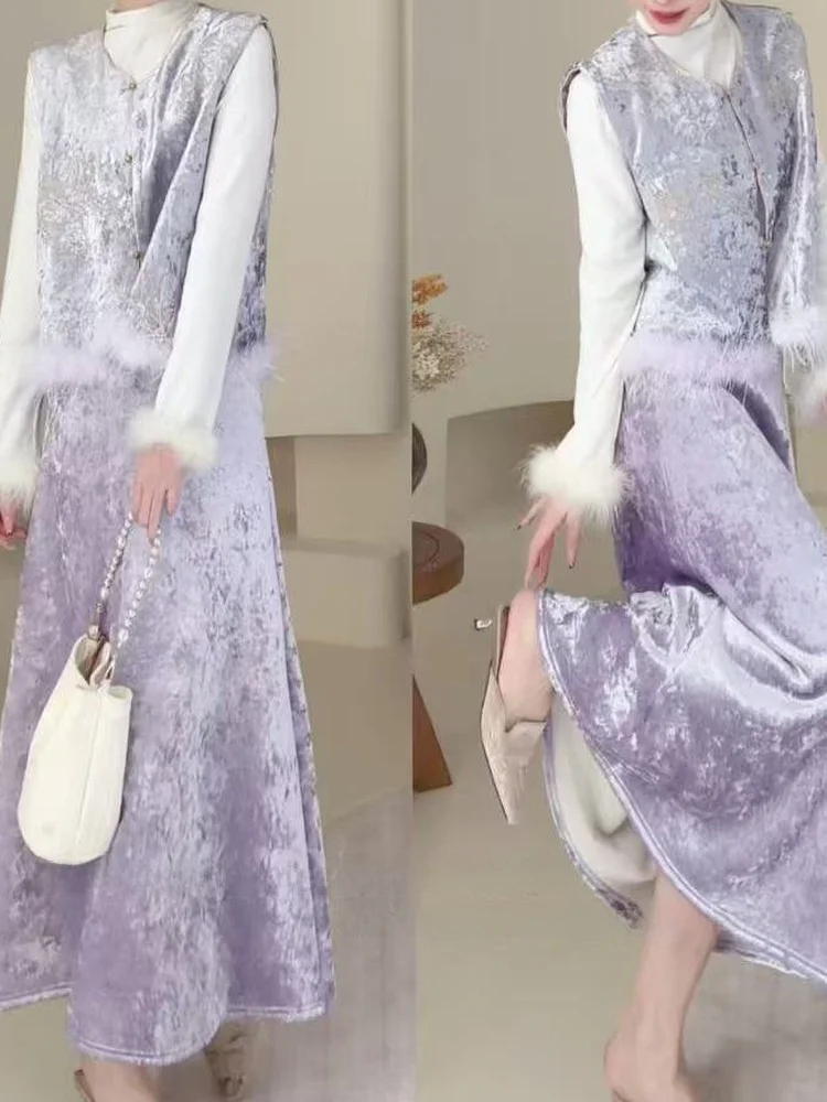 

plus Size 300 Pou New Chinese Sle High-End Velvet f-length Skirt Women's Autumn Winter New Fce-lined Slim A-line S...