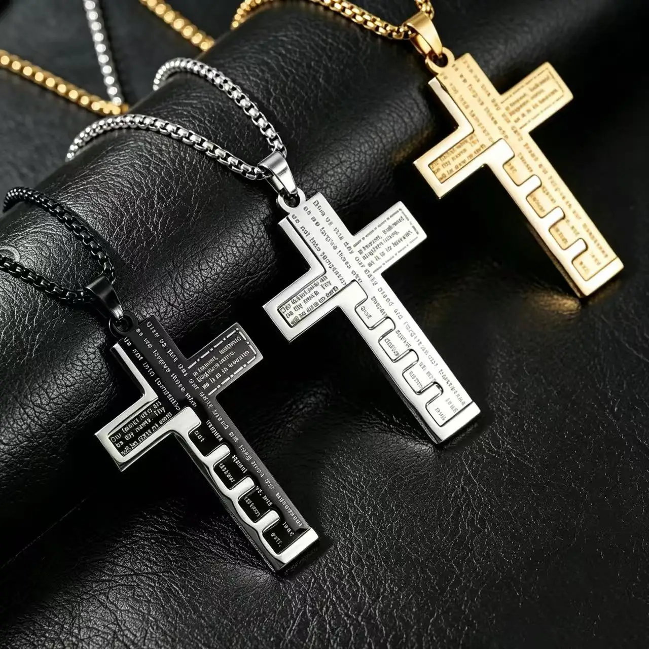 Naszyjnik męski ze stali nierdzewnej HNSP z krzyżem biblijnym, religijna biżuteria chrześcijańska.