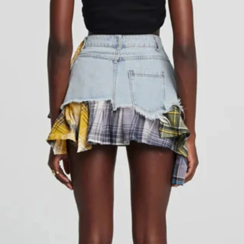 ANJY Summer New Women's American Retro Streetwear Chic Colored Plaid Patchwork Irregular Denim A-line Fashion Short Skirt  A7669