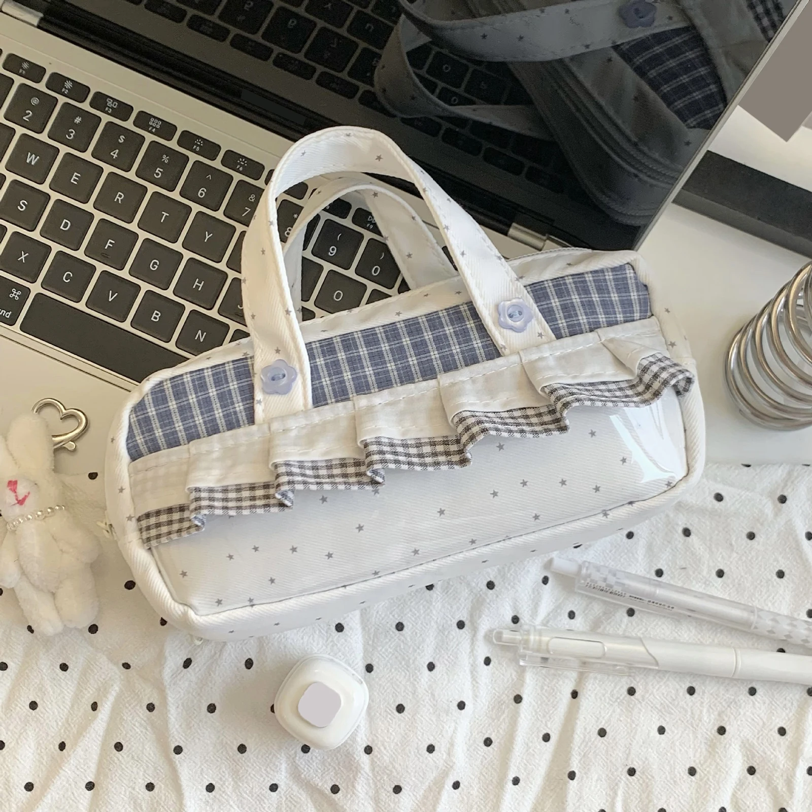 Korean Plaid Star Pencil Case with Handle Large Capacity Stationery Pouch White Multi-Purpose Grid Ruffle Cute Pen Storage Bag