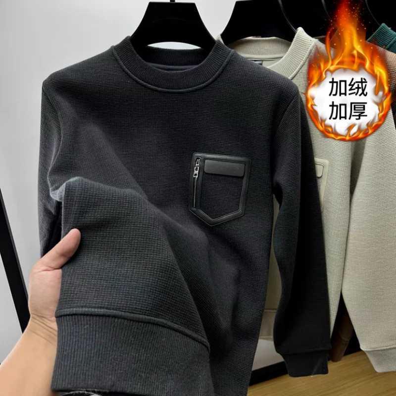Autumn Winter Men Trendy Vintage Simple Fleece Warm Sweatshirt Y2K Casual StreetwearHoodie Solid Long Sleeve Loose Pullover Tops