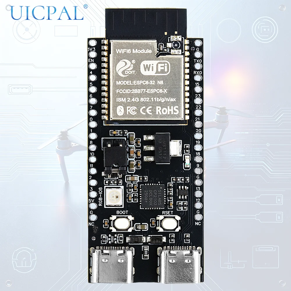 ESP32 C6 N8 Development Board WiFi 6 BT Module ESP‑IDF IDE J5 8M FLASH 32PIN CP2102 TYPE-C WiFi6 ESP32-C6-DevKitC-1 for Android