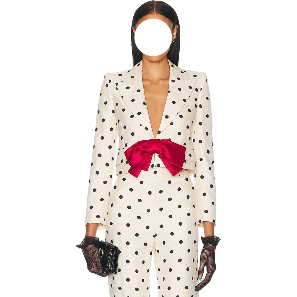 Chic Polka Dot Bow Button 2 Pieces Blazer+Pants Set Peaked Lapel Straight Sets Formal Banquet Party Clothing Casual Sets