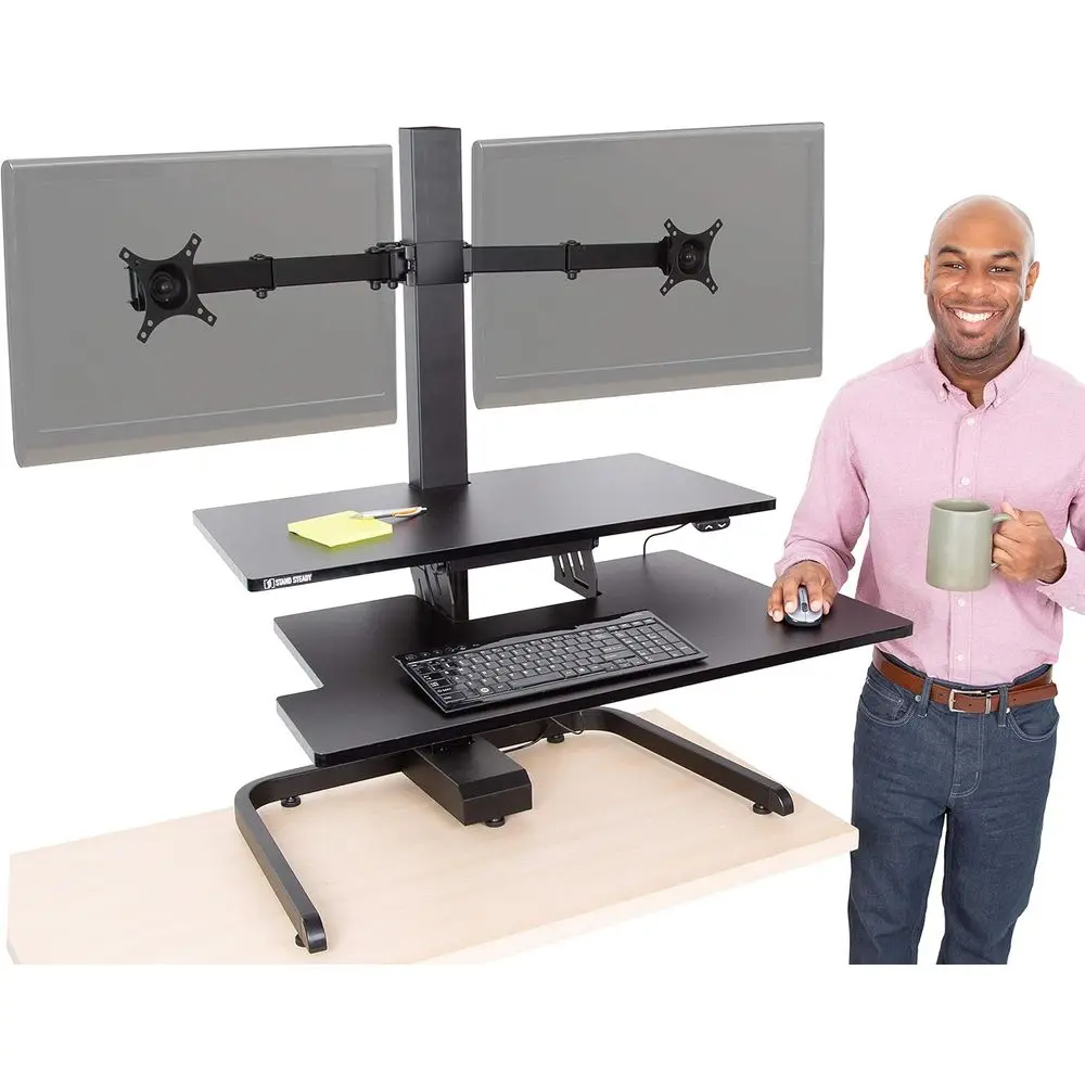 

Electric Standing Desk Converter with Dual Monitor Mount, 2 USB Ports, Quiet Operation, Button Control, and Keyboard Tray for Ga